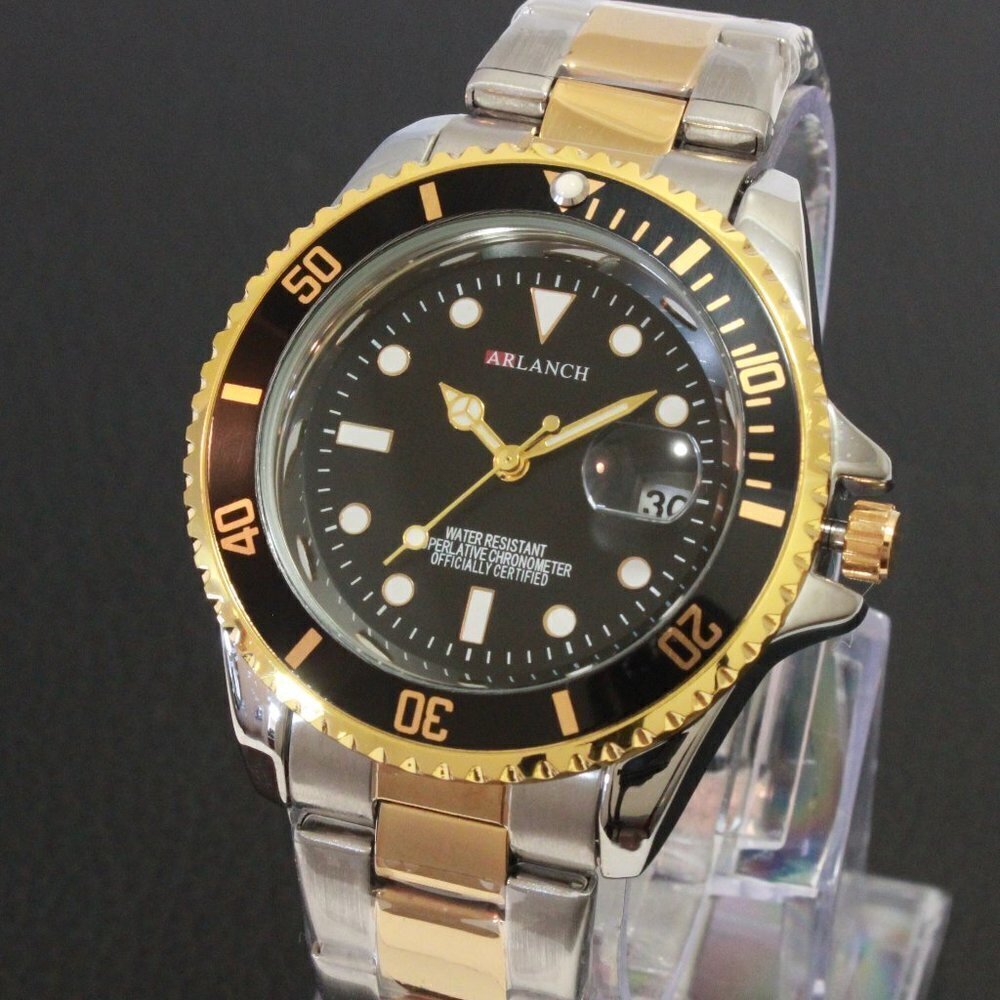 Men's Diver Style Watch Black Bezel Silver Gold Tone 40mm